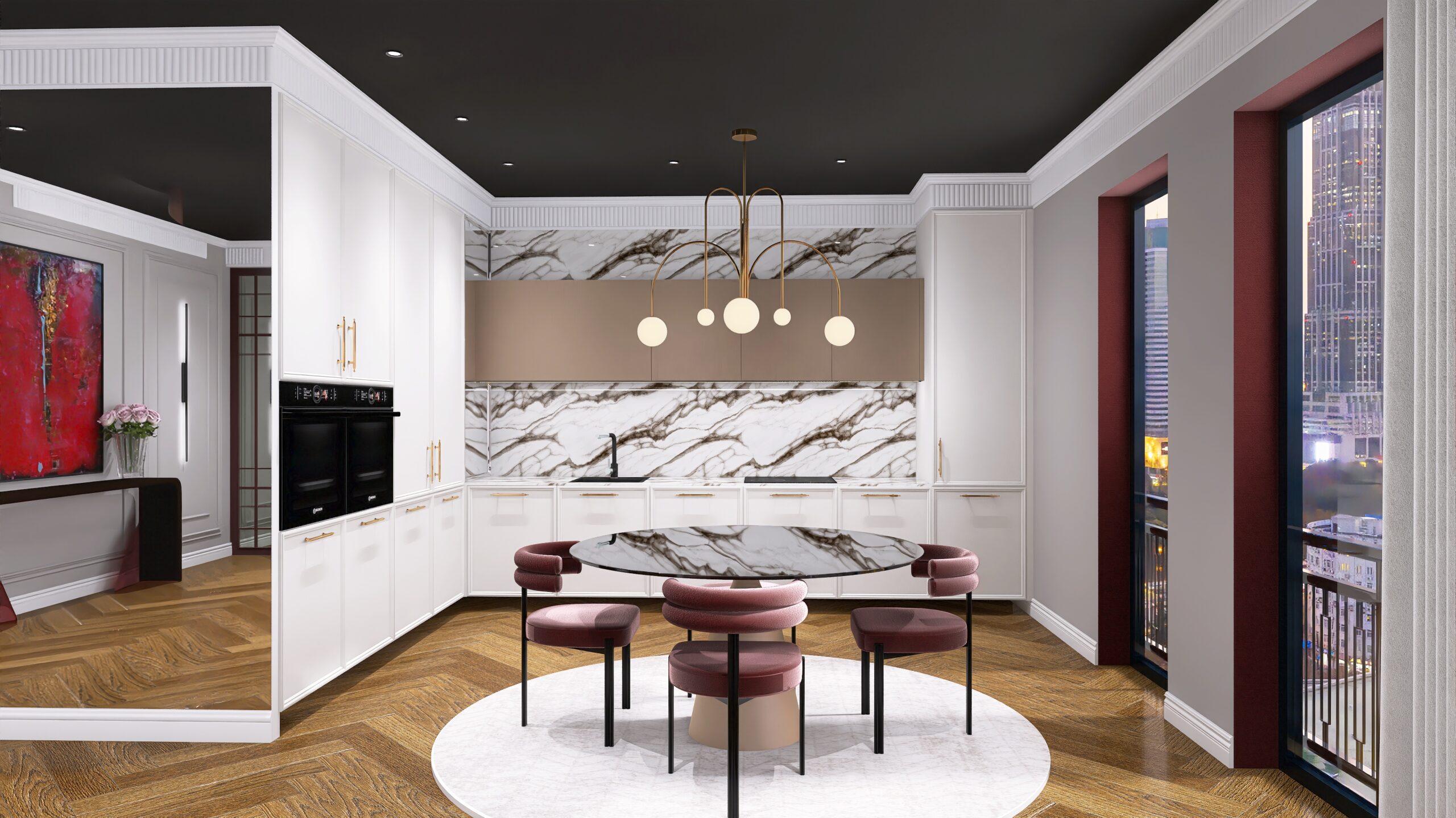 Apartament w stylu modern classic z burgundem